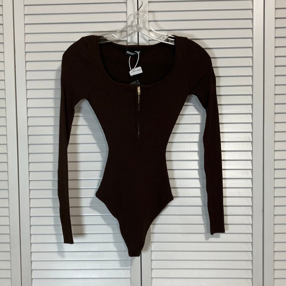 NWT Rehab Lab Brown Ribbed Knit Square Neck Long Sleeve Bodysuit Women S